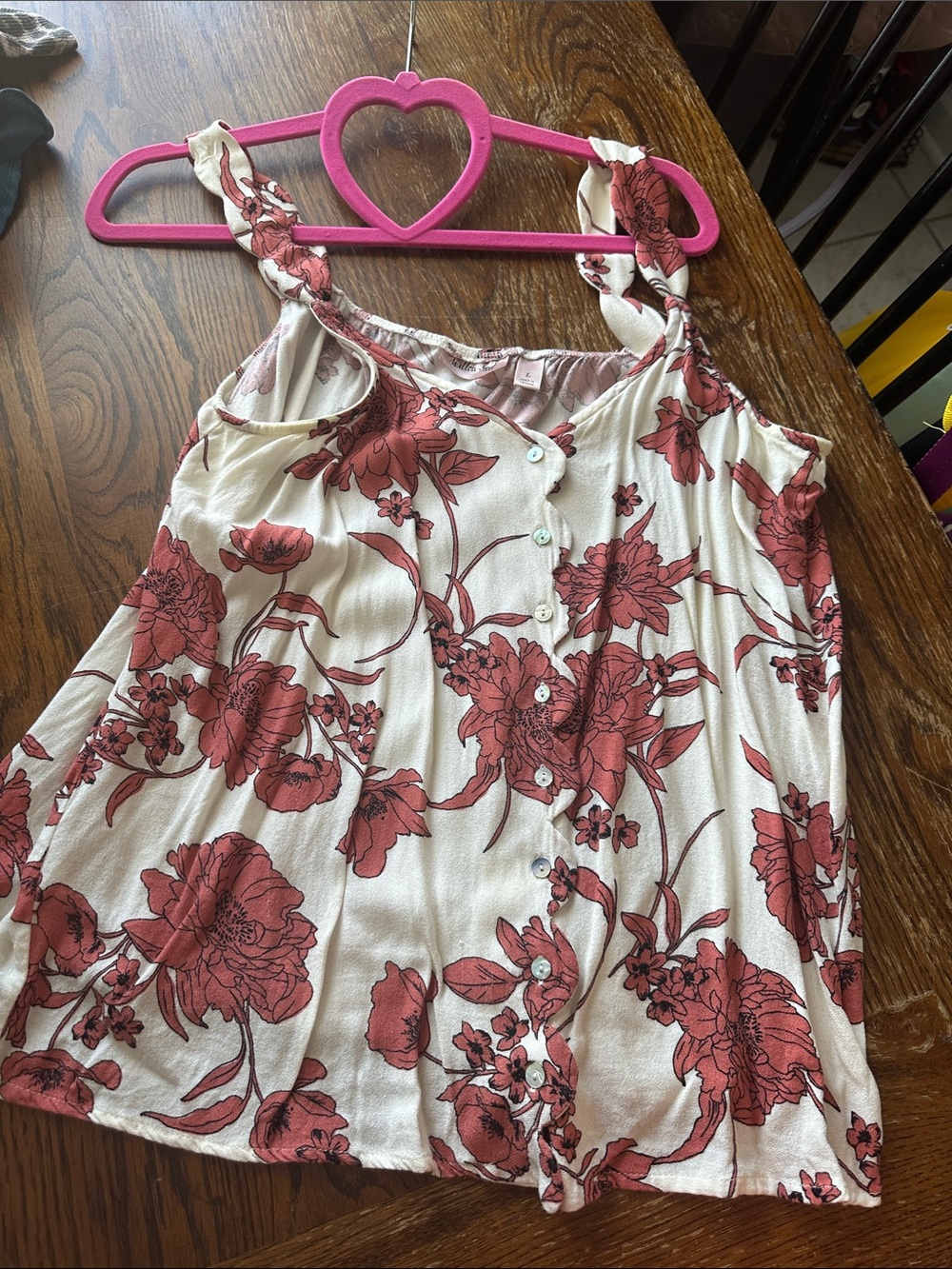 Cream Camisole with Red Floral Print Button-Front